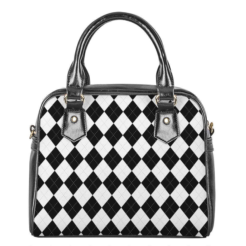 White And Black Argyle Pattern Print Shoulder Handbag