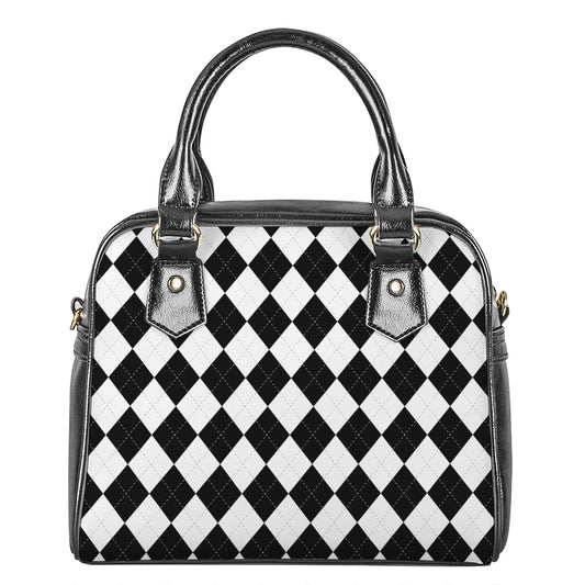 White And Black Argyle Pattern Print Shoulder Handbag