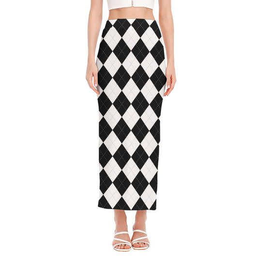 White And Black Argyle Pattern Print Side Slit Maxi Skirt