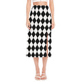 White And Black Argyle Pattern Print Side Slit Midi Skirt