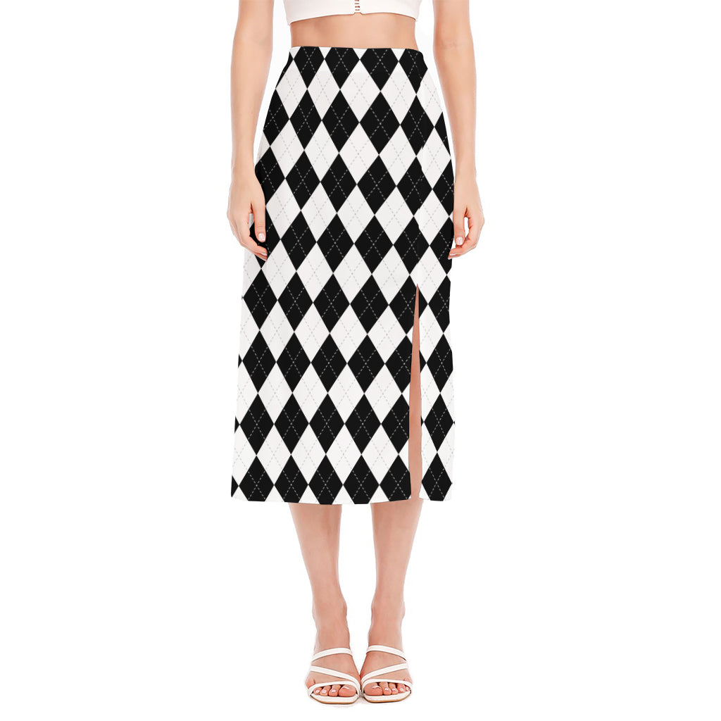 White And Black Argyle Pattern Print Side Slit Midi Skirt