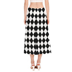 White And Black Argyle Pattern Print Side Slit Midi Skirt