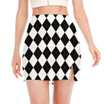 White And Black Argyle Pattern Print Side Slit Mini Skirt