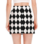 White And Black Argyle Pattern Print Side Slit Mini Skirt