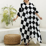 White And Black Argyle Pattern Print Silk V-Neck Kaftan Dress