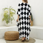 White And Black Argyle Pattern Print Silk V-Neck Kaftan Dress
