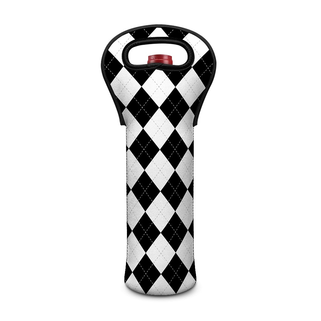 White And Black Argyle Pattern Print Single Neoprene Wine Tote