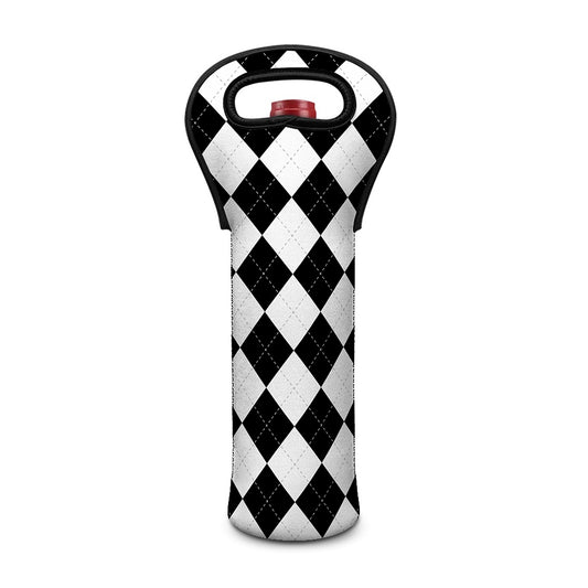 White And Black Argyle Pattern Print Single Neoprene Wine Tote