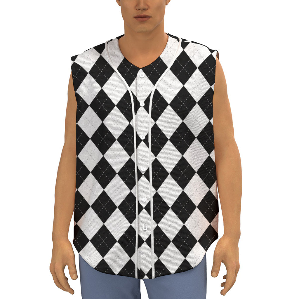 White And Black Argyle Pattern Print Sleeveless Baseball Jersey