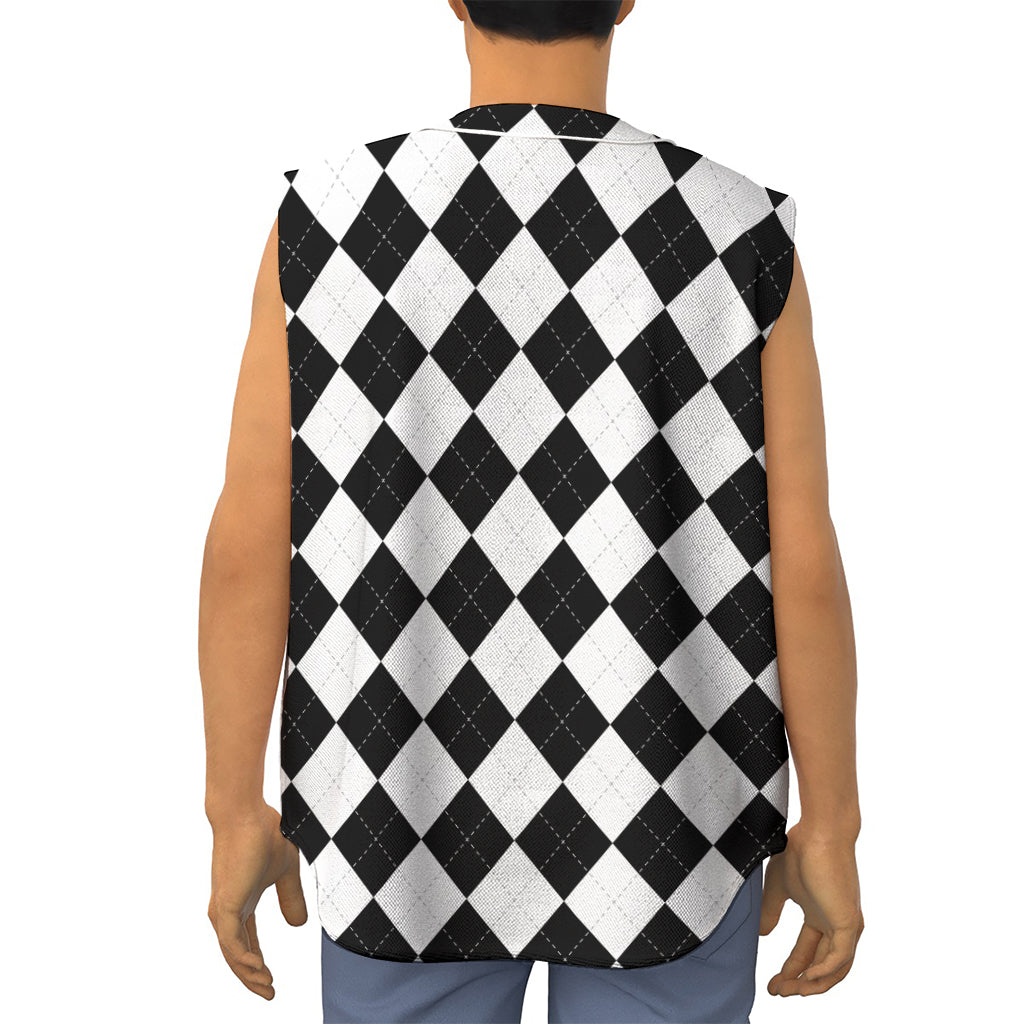 White And Black Argyle Pattern Print Sleeveless Baseball Jersey