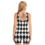 White And Black Argyle Pattern Print Sleeveless One Piece Swimsuit