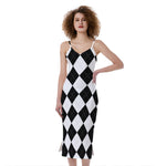 White And Black Argyle Pattern Print Slim Fit Midi Cami Dress