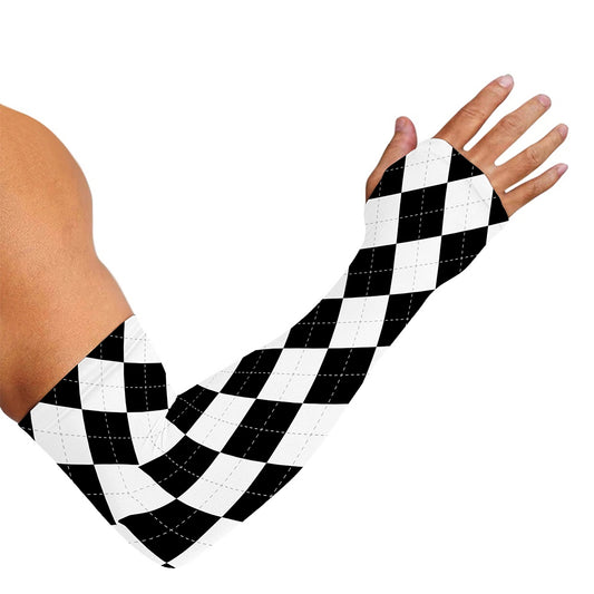 White And Black Argyle Pattern Print Sun Protection Arm Sleeves