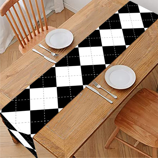 White And Black Argyle Pattern Print Table Runner