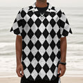 White And Black Argyle Pattern Print Textured Short Sleeve Shirt
