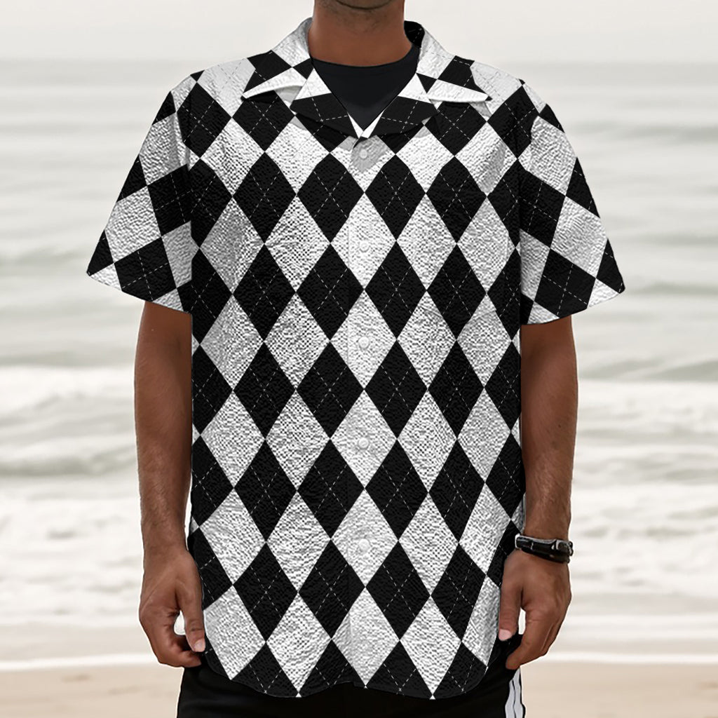 White And Black Argyle Pattern Print Textured Short Sleeve Shirt