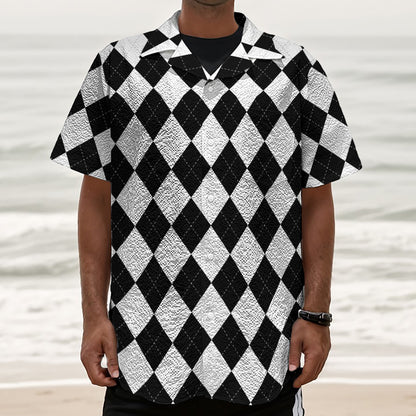 White And Black Argyle Pattern Print Textured Short Sleeve Shirt