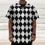 White And Black Argyle Pattern Print Textured Short Sleeve Shirt