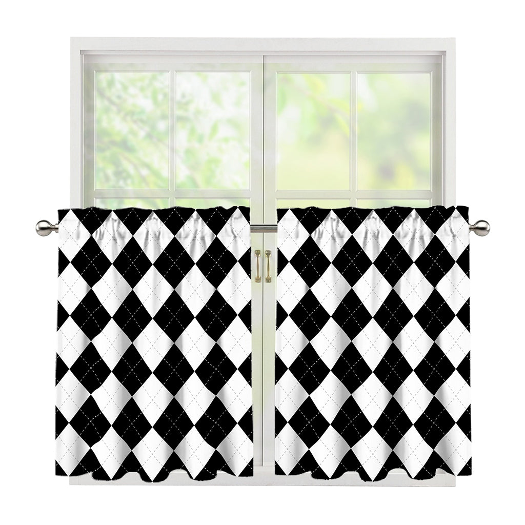 White And Black Argyle Pattern Print Tier Curtains