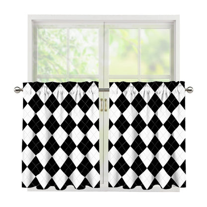 White And Black Argyle Pattern Print Tier Curtains