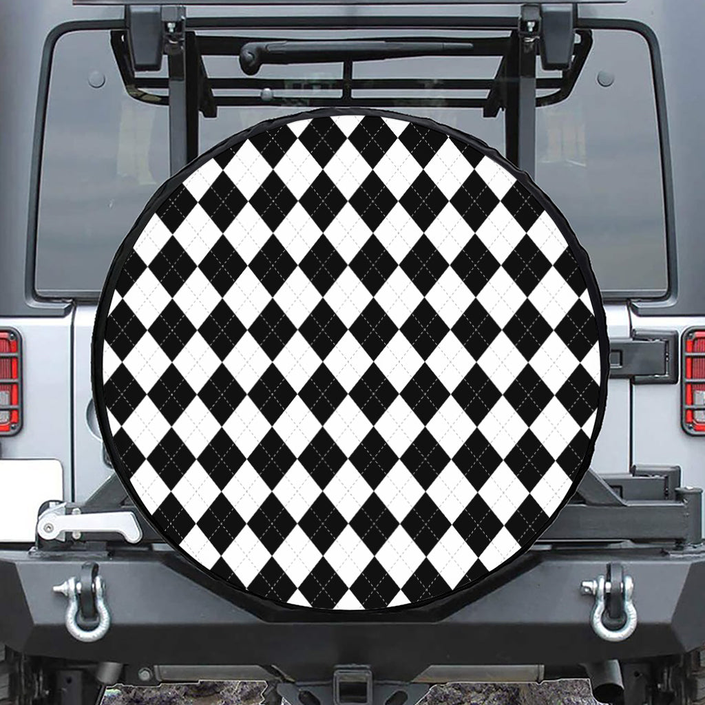 White And Black Argyle Pattern Print Tire Cover