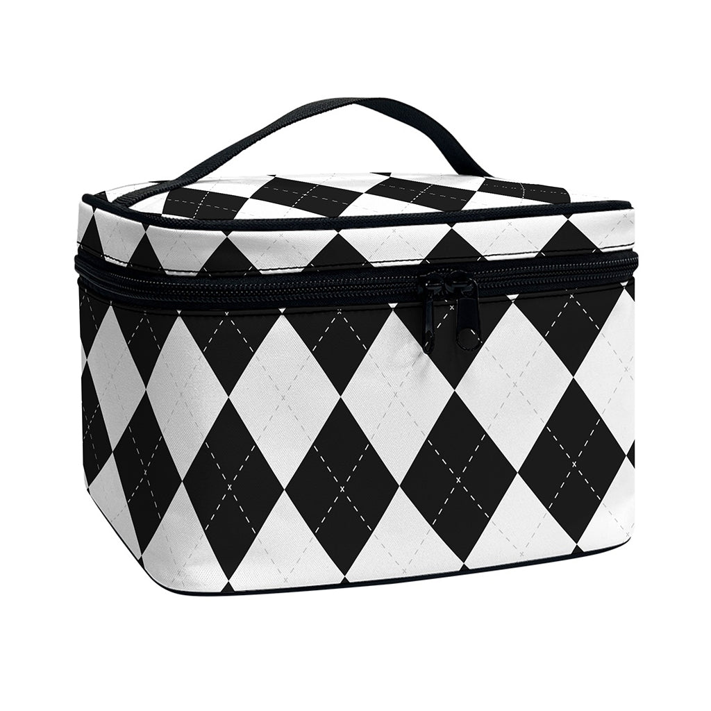White And Black Argyle Pattern Print Travel Makeup Bag