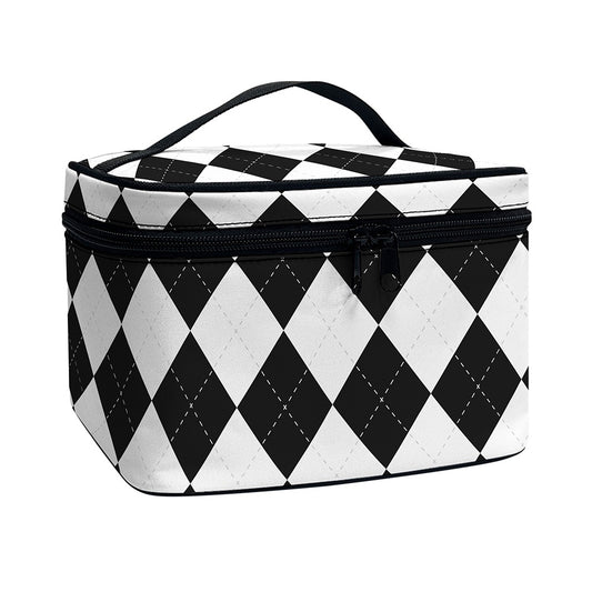 White And Black Argyle Pattern Print Travel Makeup Bag