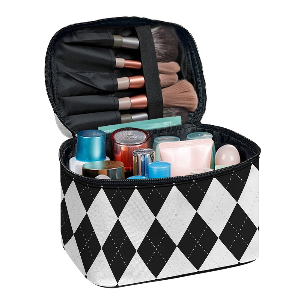 White And Black Argyle Pattern Print Travel Makeup Bag