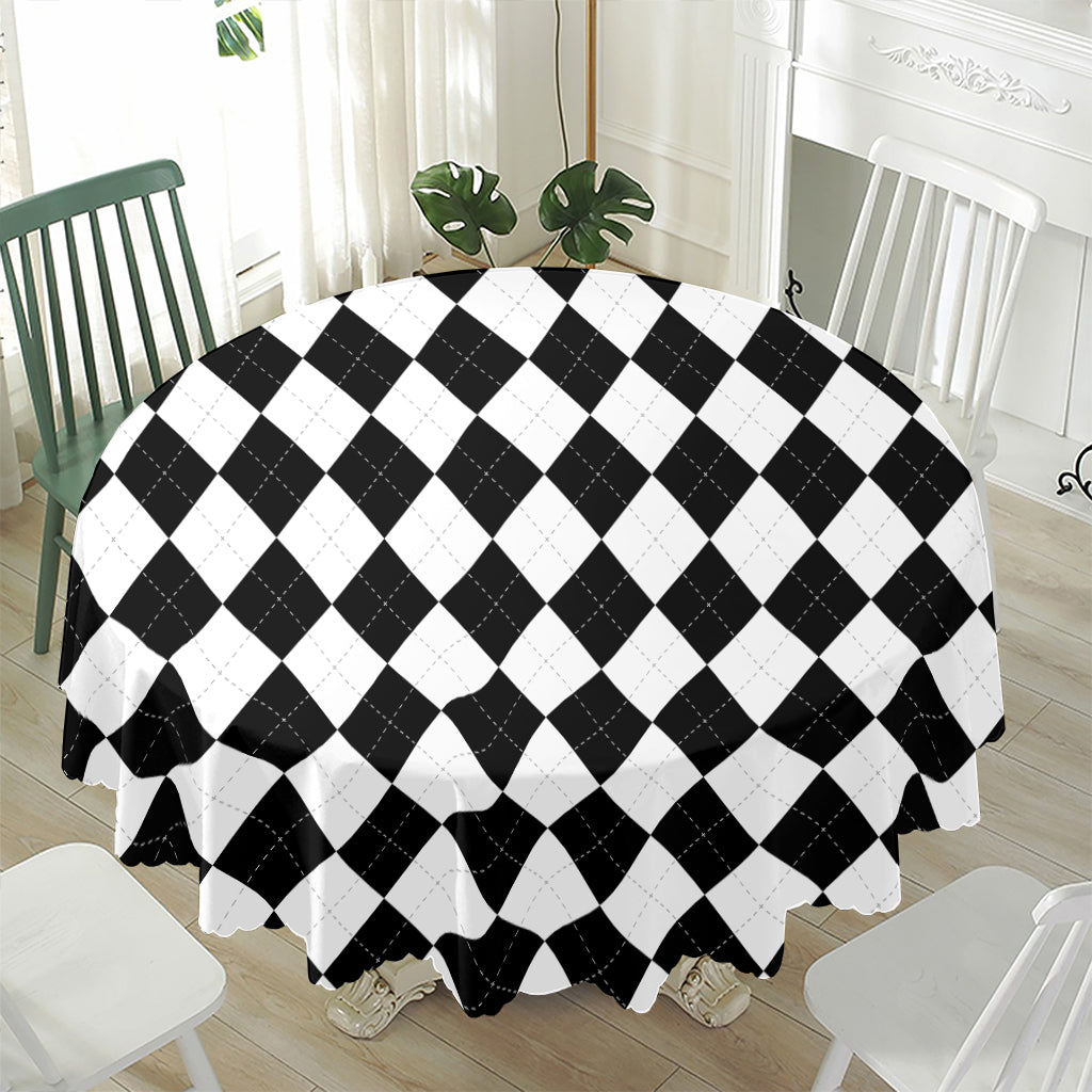 White And Black Argyle Pattern Print Waterproof Round Tablecloth