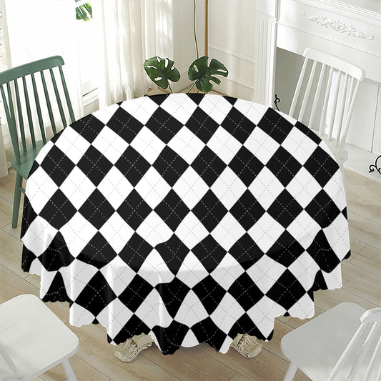 White And Black Argyle Pattern Print Waterproof Round Tablecloth