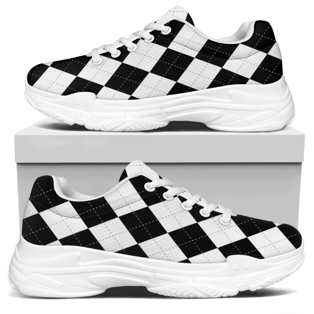 White And Black Argyle Pattern Print White Chunky Shoes