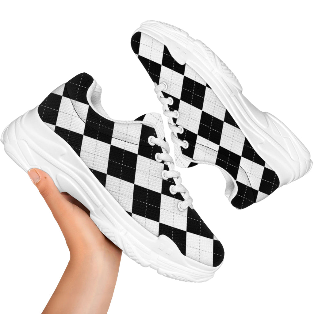 White And Black Argyle Pattern Print White Chunky Shoes
