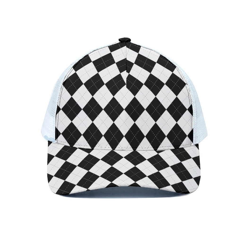White And Black Argyle Pattern Print White Mesh Trucker Cap