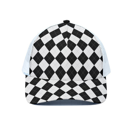 White And Black Argyle Pattern Print White Mesh Trucker Cap