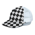 White And Black Argyle Pattern Print White Mesh Trucker Cap