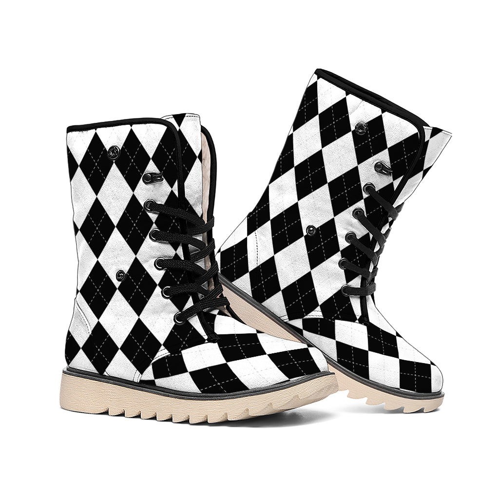 White And Black Argyle Pattern Print Winter Boots
