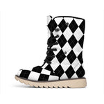 White And Black Argyle Pattern Print Winter Boots