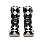 White And Black Argyle Pattern Print Winter Boots