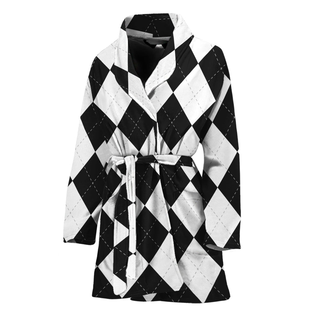 White And Black Argyle Pattern Print Women's Bathrobe