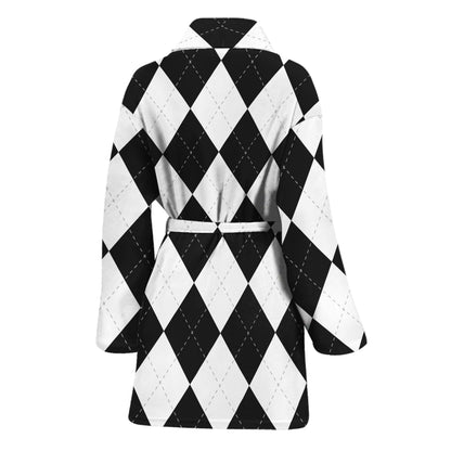 White And Black Argyle Pattern Print Women's Bathrobe
