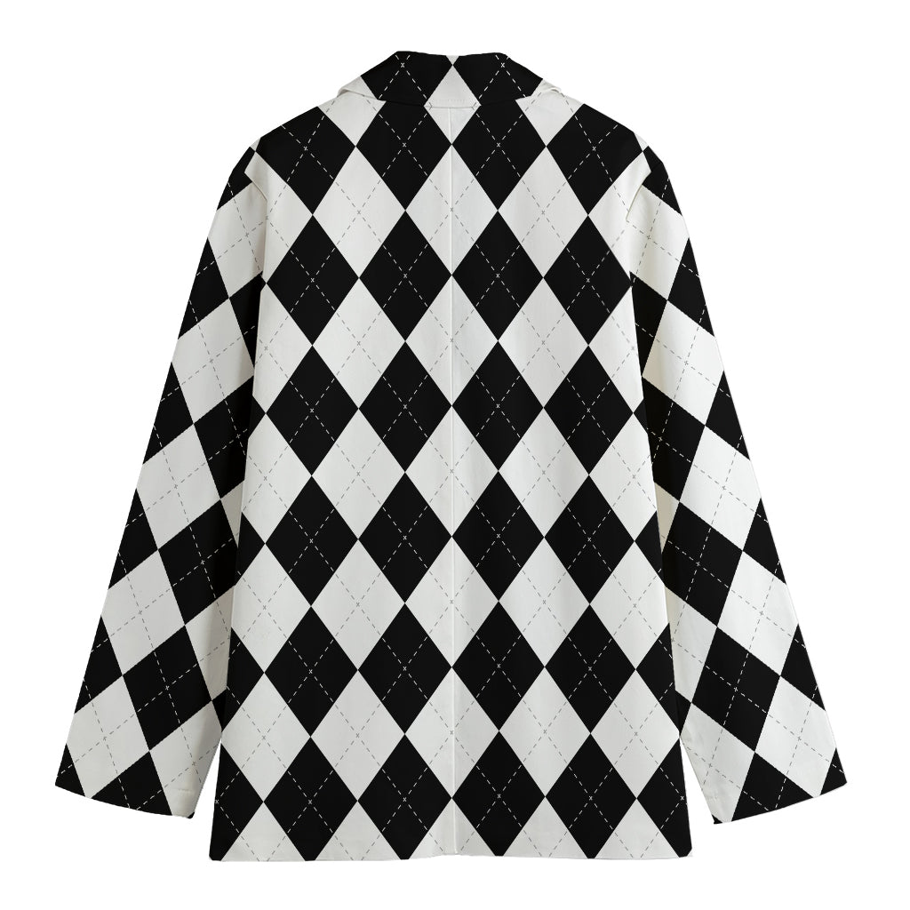 White And Black Argyle Pattern Print Women's Blazer