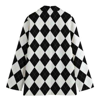 White And Black Argyle Pattern Print Women's Blazer