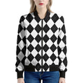 White And Black Argyle Pattern Print Women's Bomber Jacket
