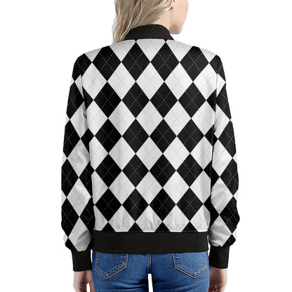 White And Black Argyle Pattern Print Women's Bomber Jacket