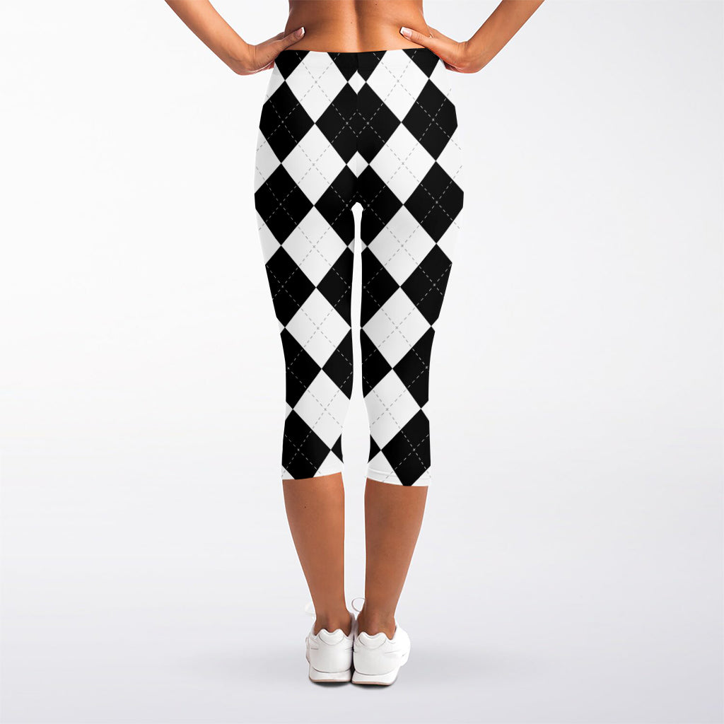 White And Black Argyle Pattern Print Women's Capri Leggings