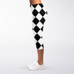 White And Black Argyle Pattern Print Women's Capri Leggings
