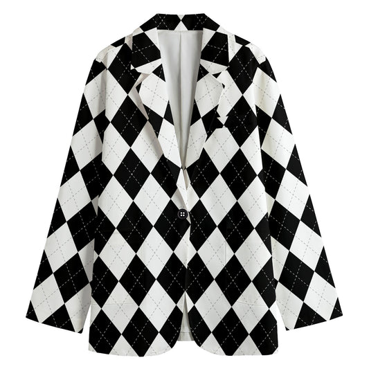White And Black Argyle Pattern Print Women's Cotton Blazer
