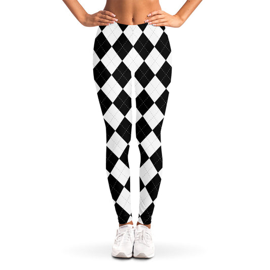 White And Black Argyle Pattern Print Women's Leggings