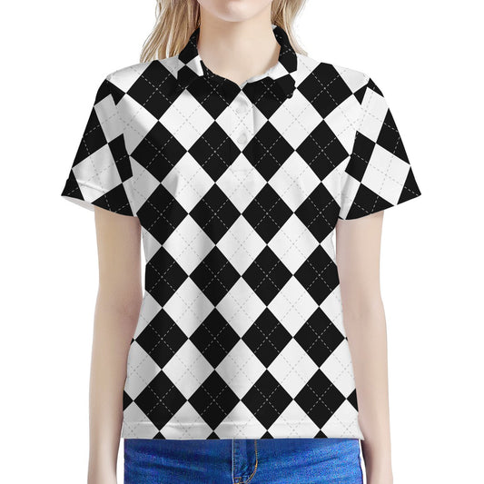 White And Black Argyle Pattern Print Women's Polo Shirt