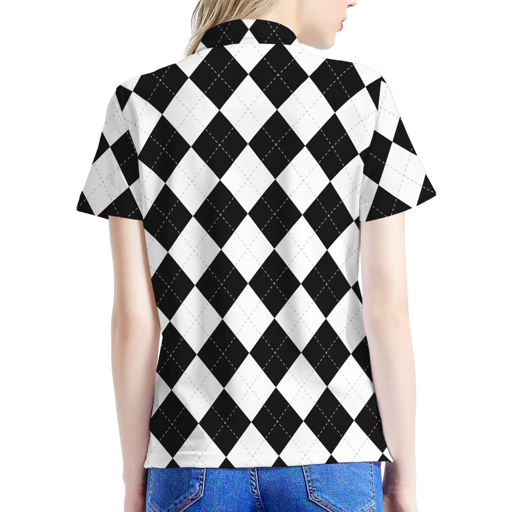 White And Black Argyle Pattern Print Women's Polo Shirt